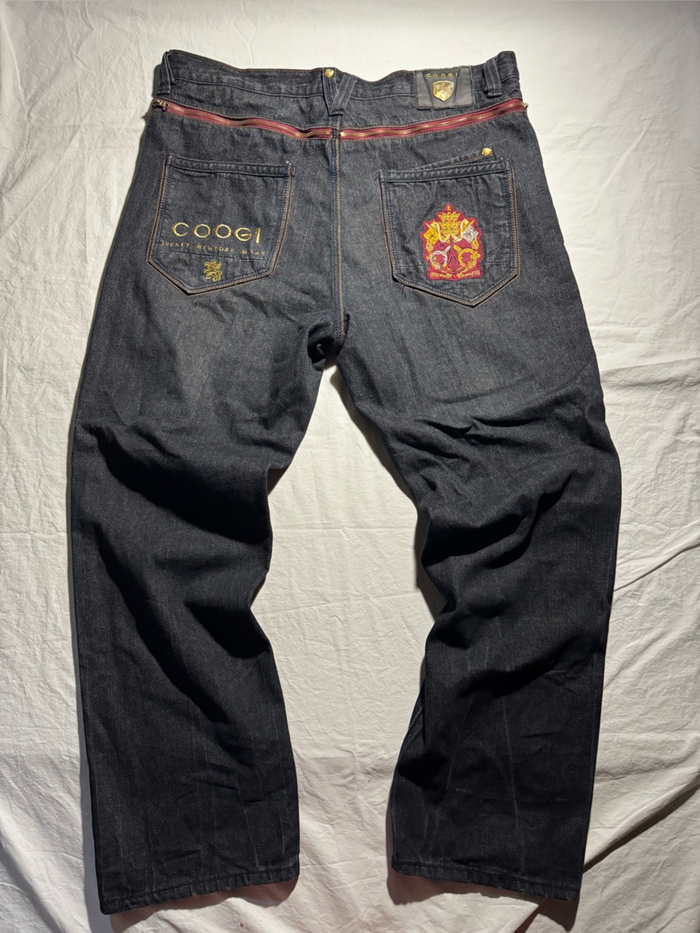 COOGI Black Denim Jeans with Red & Gold Embroidered Back 42x 16 1/2